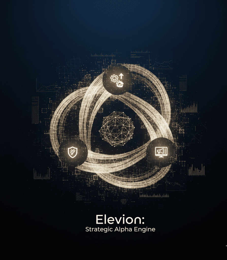 Founder surrounded by glowing arcs of Strategic Alignment, Market Velocity, and Brand Delivery converging into Operational Alpha.