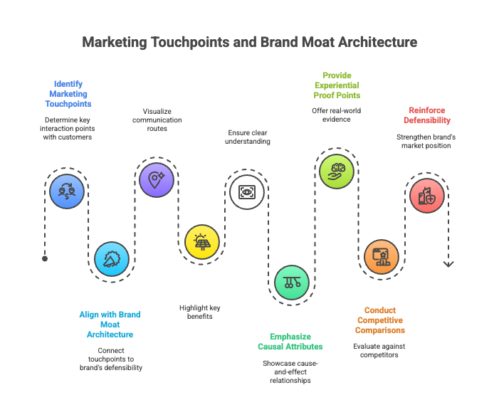 Flowchart of marketing touchpoints aligned with brand moat architecture—emphasizing defensible value propositions and experiential proof points.