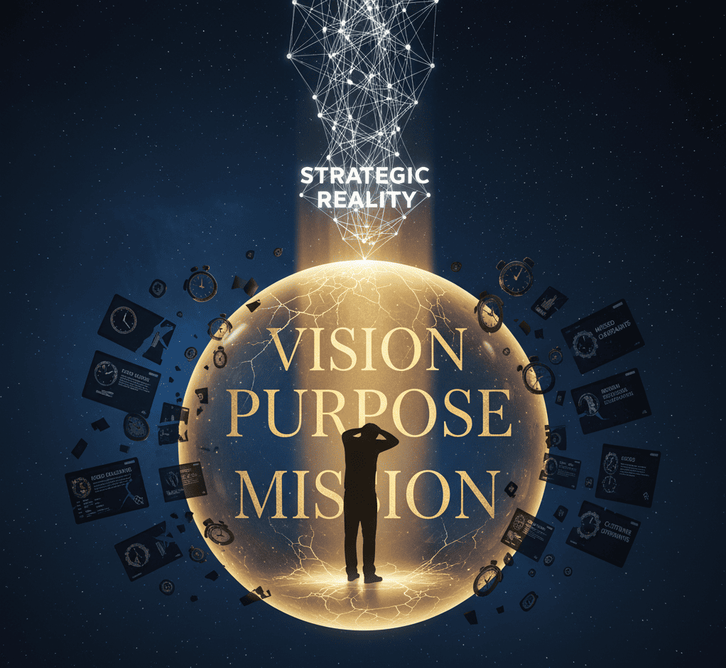 Founder inside glowing bubble filled with visionary phrases, while strategic reality pierces through surrounding chaos.