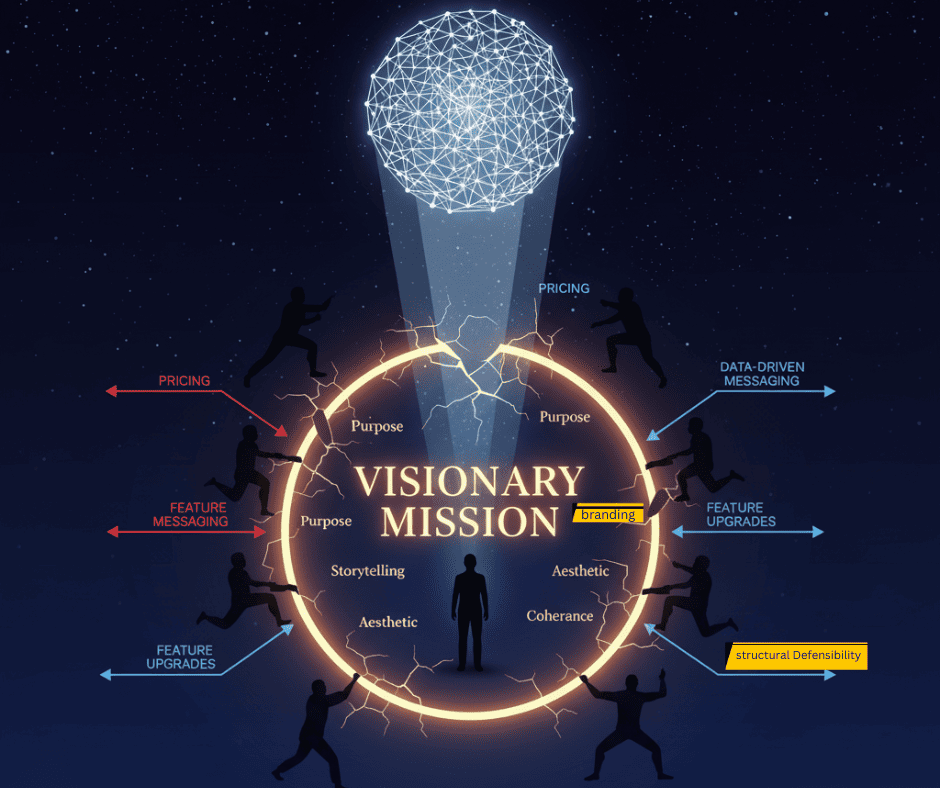 Founder inside glowing brand halo labeled Visionary Mission, while competitors deploy sharper pricing and AI lattice reveals structural cracks.