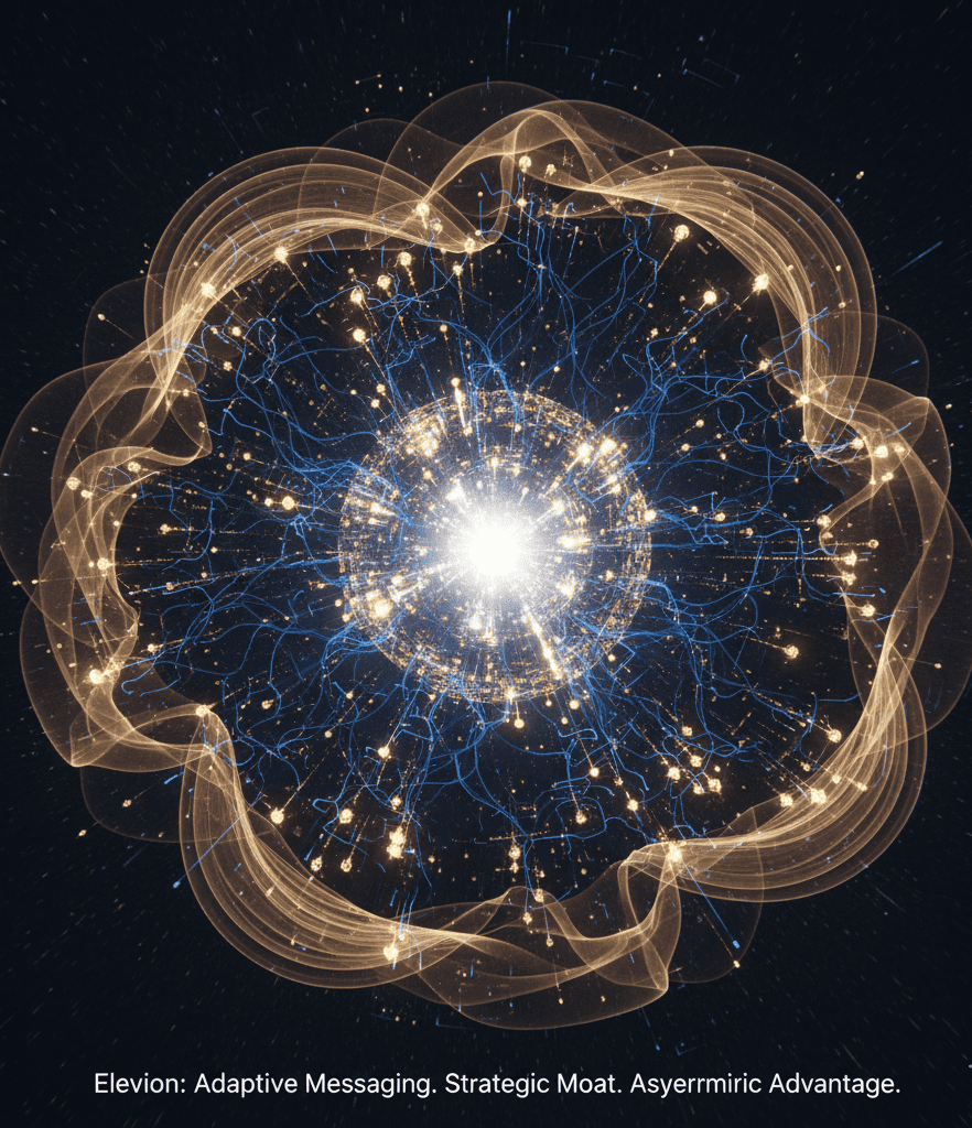 Abstract visualization of Elevion’s narrative fidelity system and asymmetric messaging architecture.