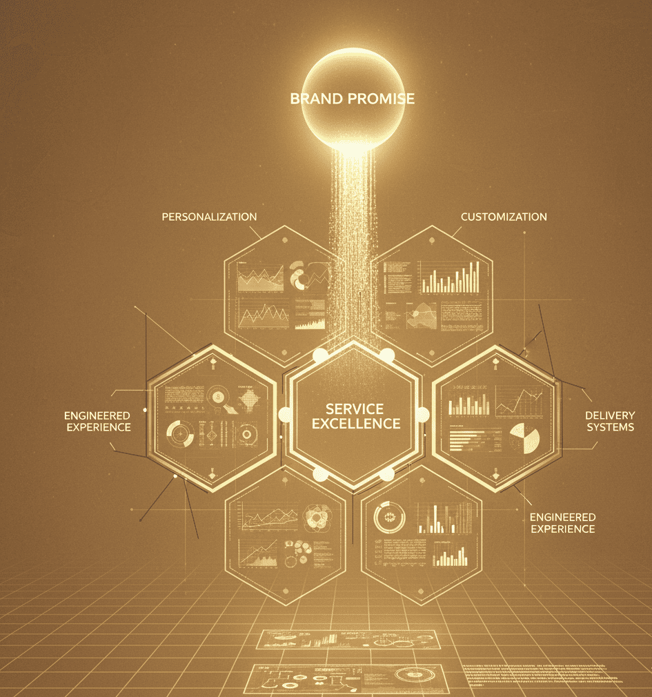 System visualization of brand promise encoded into operational infrastructure—highlighting personalized delivery, service excellence, and customization.