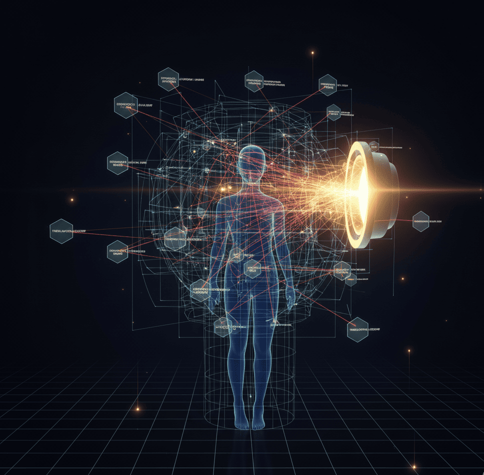 Founder silhouette inside a time-motion grid with glowing threads mapping cognitive load and strategic leverage.