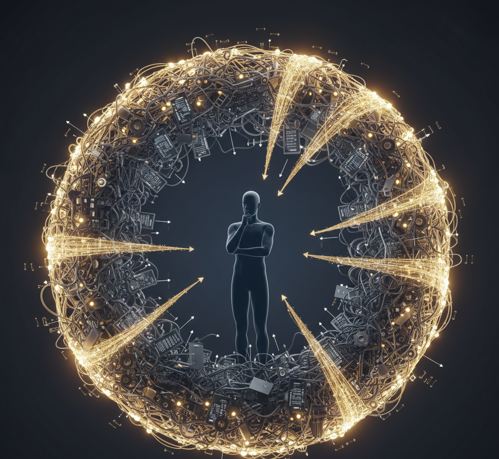 Abstract visualization of founder bandwidth reallocation and operational systematization.