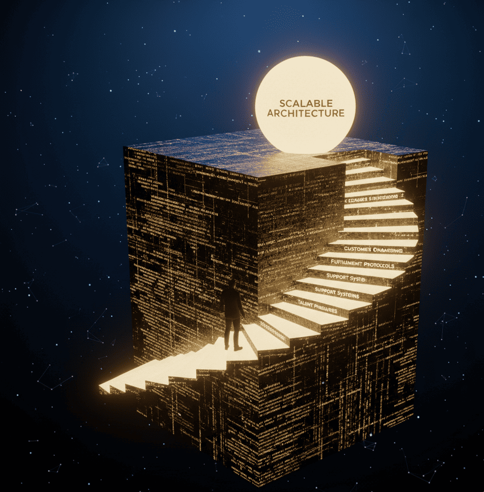 Founder ascending a glowing staircase of operational systems toward a radiant orb labeled Scalable Architecture.