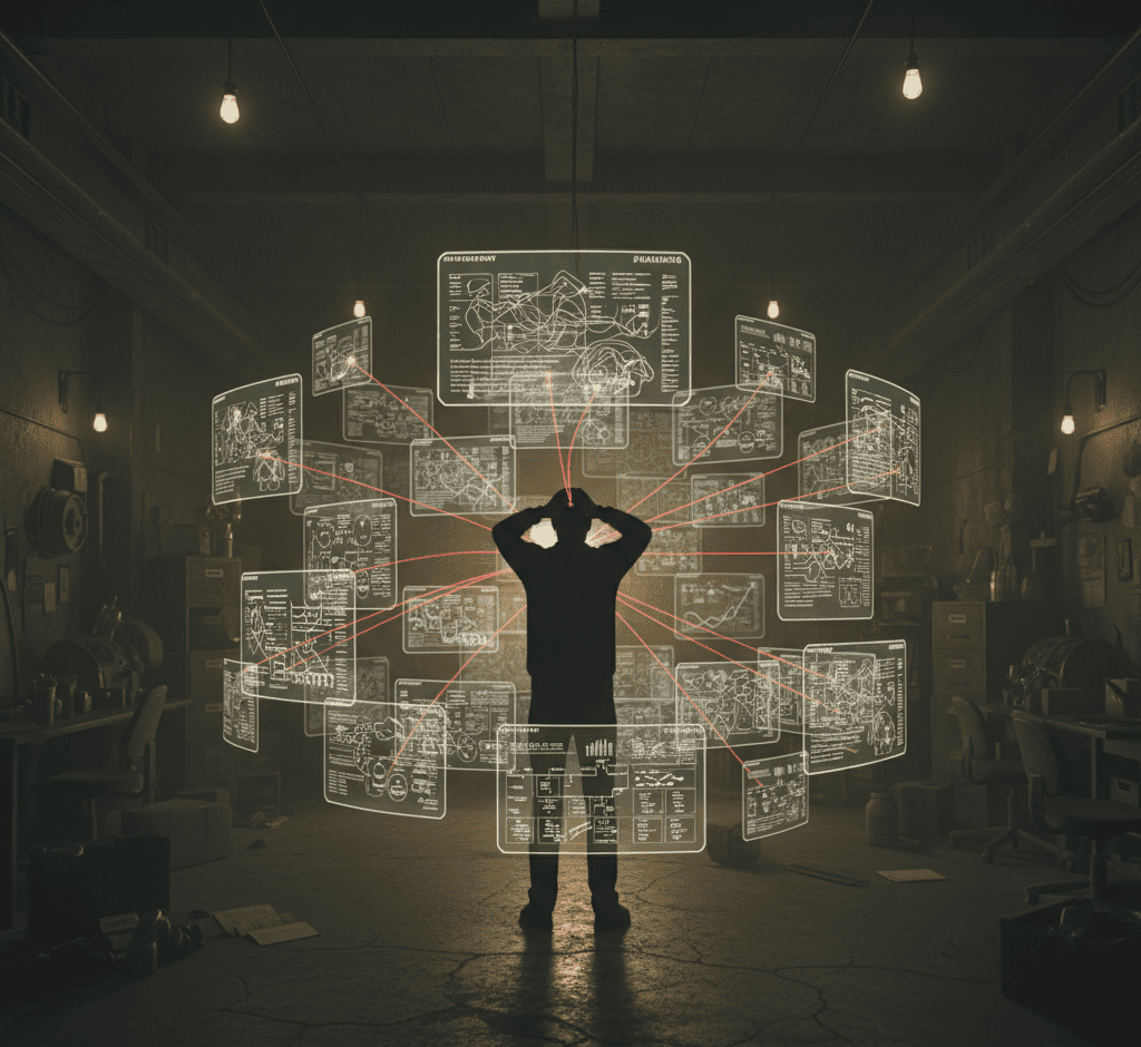 Founder surrounded by process maps and automation tools, all tethered to their cognitive load.