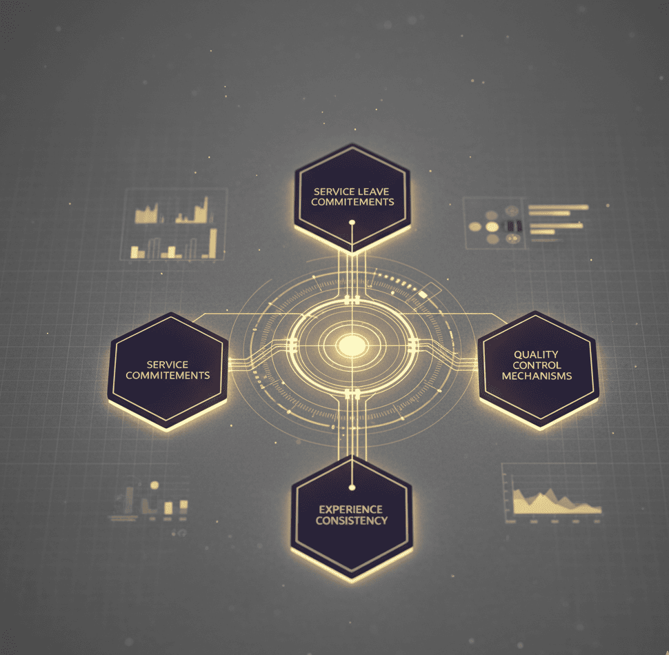 Futuristic grayscale system with gold overlays depicting operational protocols, service guarantees, and brand promise hard-coded into infrastructure.