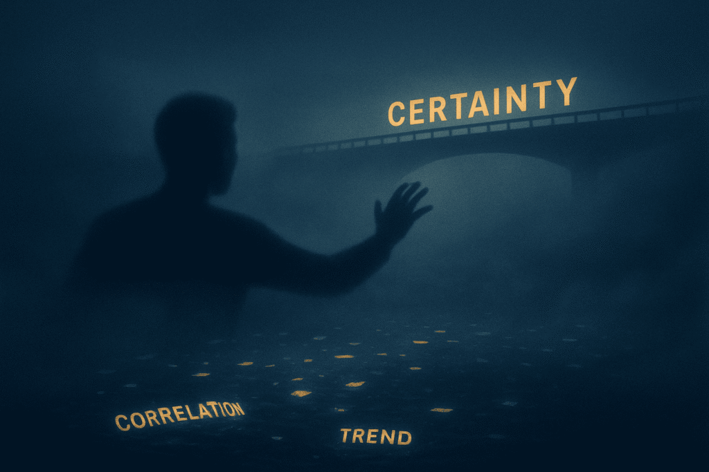Abstract visual of dissolving data fragments labeled ‘Correlation’ and ‘Trend’ with a blurred executive reaching toward a vanishing bridge labeled ‘Certainty.