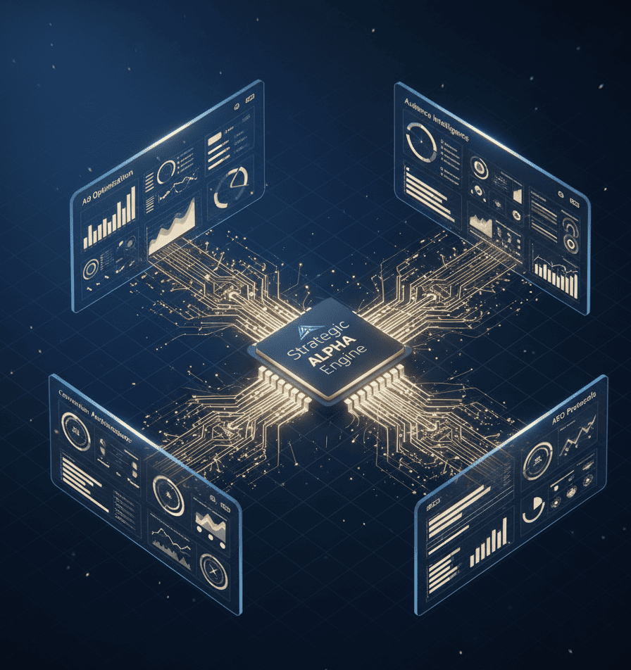 AI microchip labeled Strategic Alpha Engine powering subsystems for Ad Optimization, Audience Intelligence, Conversion Architecture, and AEO Protocols.