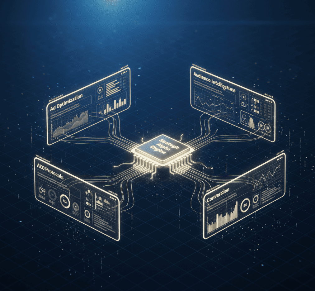 AI microchip labeled Strategic Alpha Engine powering subsystems for Ad Optimization, Audience Intelligence, Conversion Architecture, and AEO Protocols.