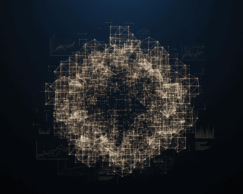 Futuristic background of a glowing AI lattice symbolizing Elevion’s Strategic Alpha Engine.