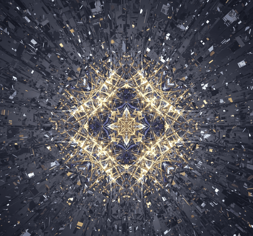 Crystalline fractal network of light emerging from chaotic data, representing Elevion's Autonomous Foresight and Strategic Alpha.