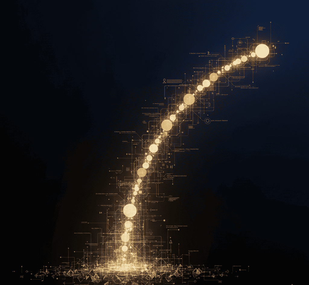 Futuristic background of a glowing AI lattice launching into strategic nodes representing asymmetric growth.