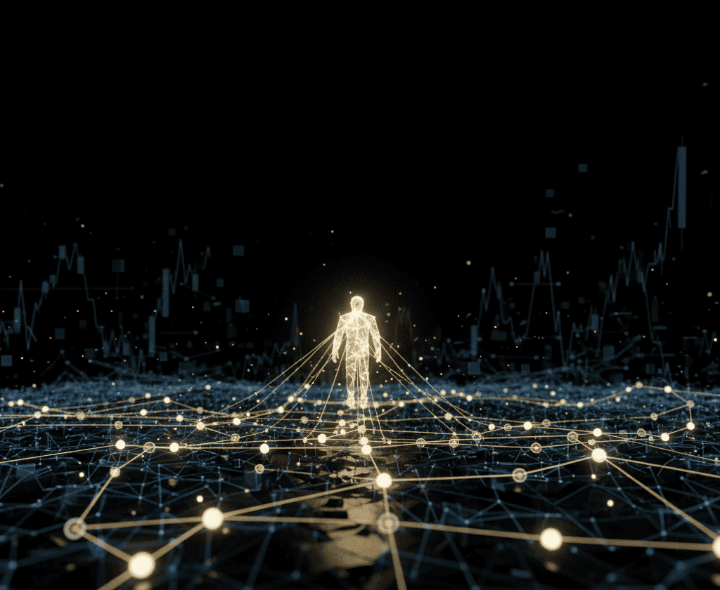 Abstract visualization of strategic blind spots and AI-driven causal reconstruction.