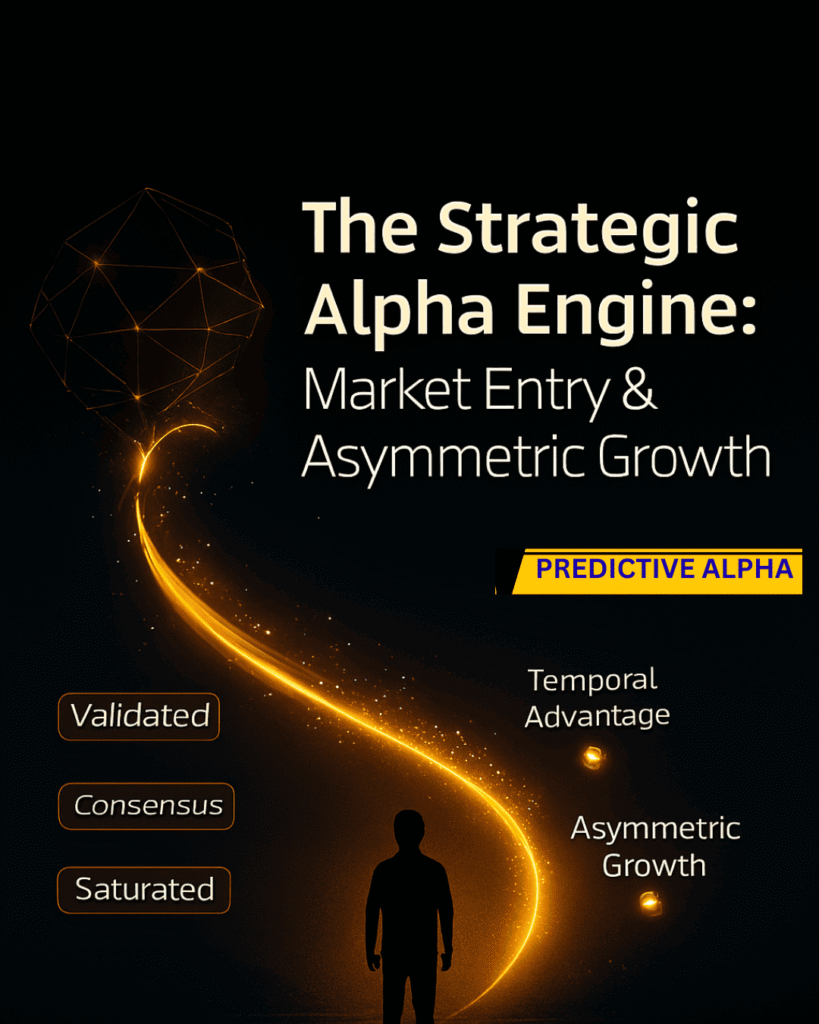 Radiant launch arc rising into strategic nodes labeled Predictive Alpha, Temporal Advantage, and Asymmetric Growth.