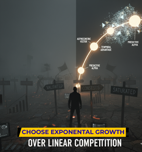 Founder silhouette at a forked path choosing between consensus saturation and predictive asymmetric growth.