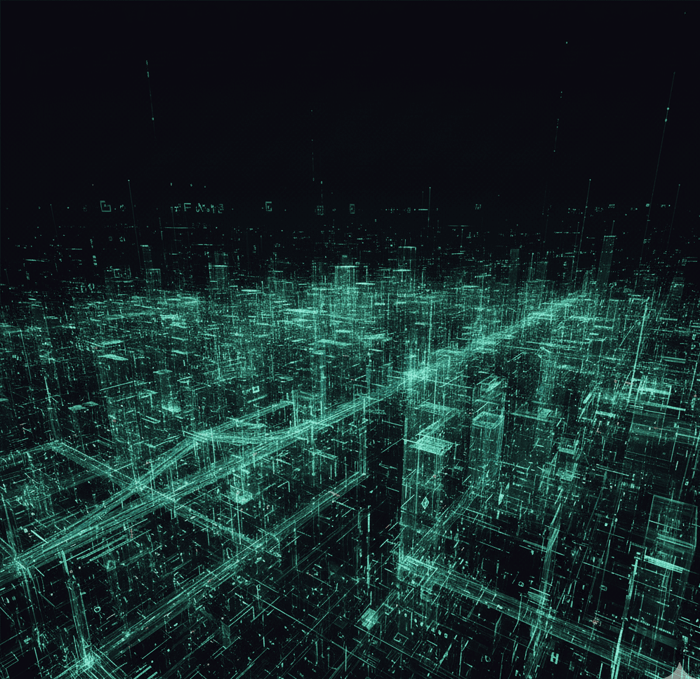 Vibrant holographic city of green and blue wireframes, depicting Elevion's dynamic Synthetic Market Environments for AI-driven strategy.