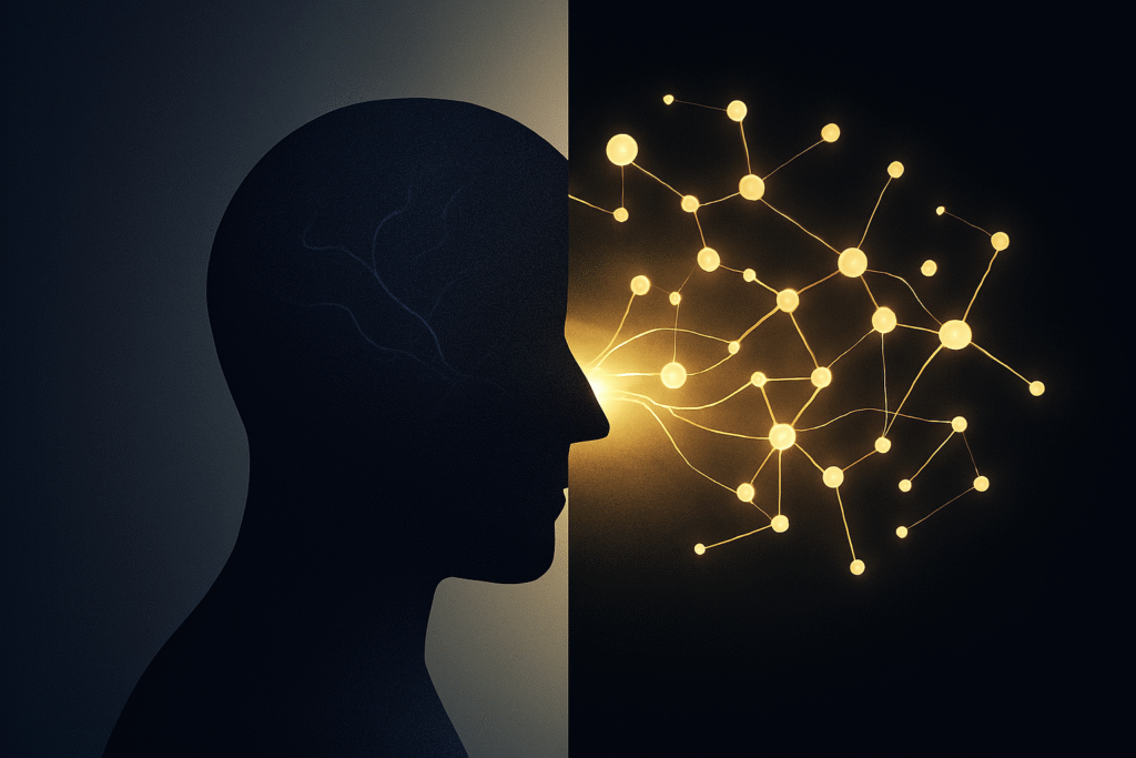 mage of the algorithmic co-pilot, showing AI-driven foresight integrated with human strategic decision-making.