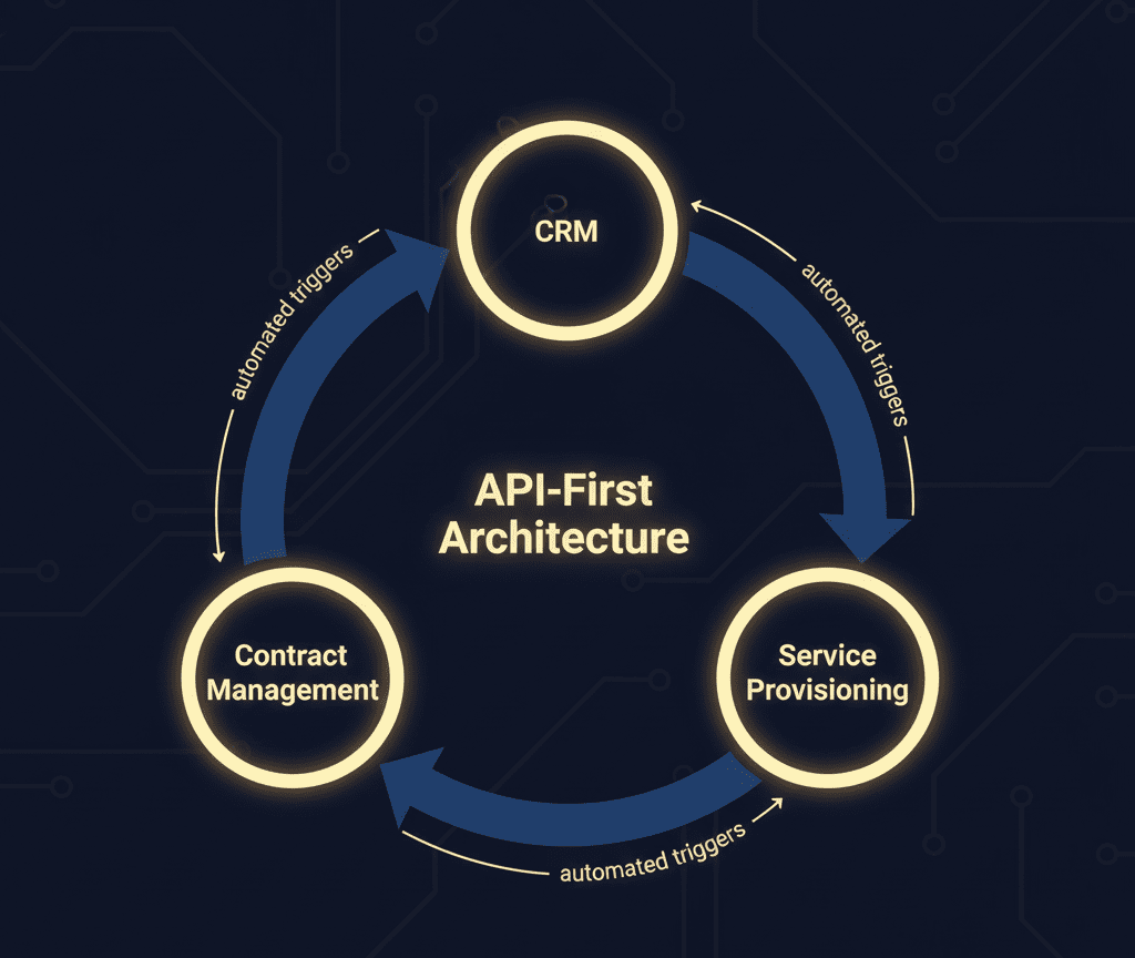 Self-optimizing loop connecting CRM, Contract Management, and Service Provisioning with automated triggers.