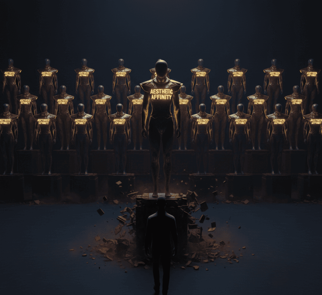 Mannequin in glowing costume labeled ‘Aesthetic Affinity’ on a crumbling pedestal, surrounded by replicas.