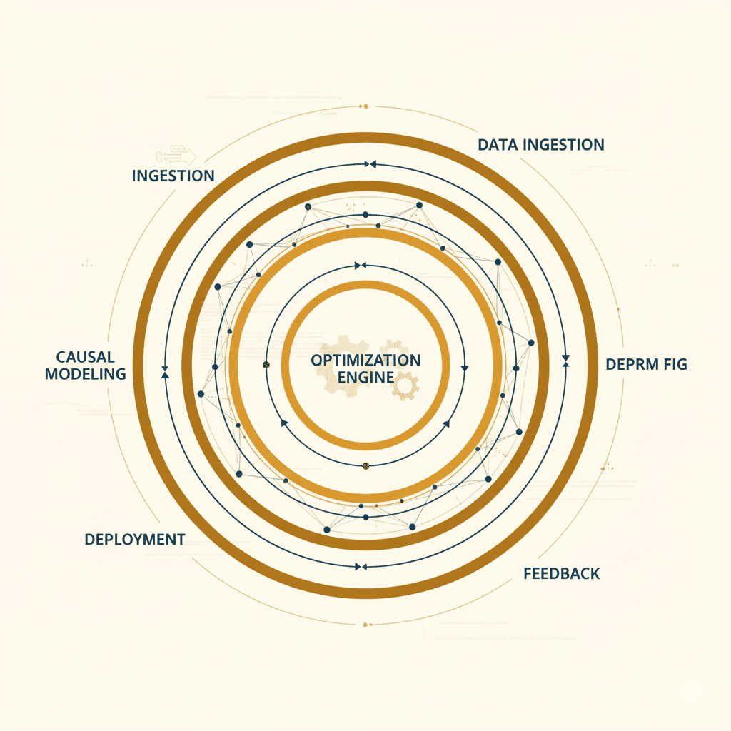 Circular system diagram showing Elevion’s Autonomous Pricing Loop with five integrated layers and glowing causal pathways.