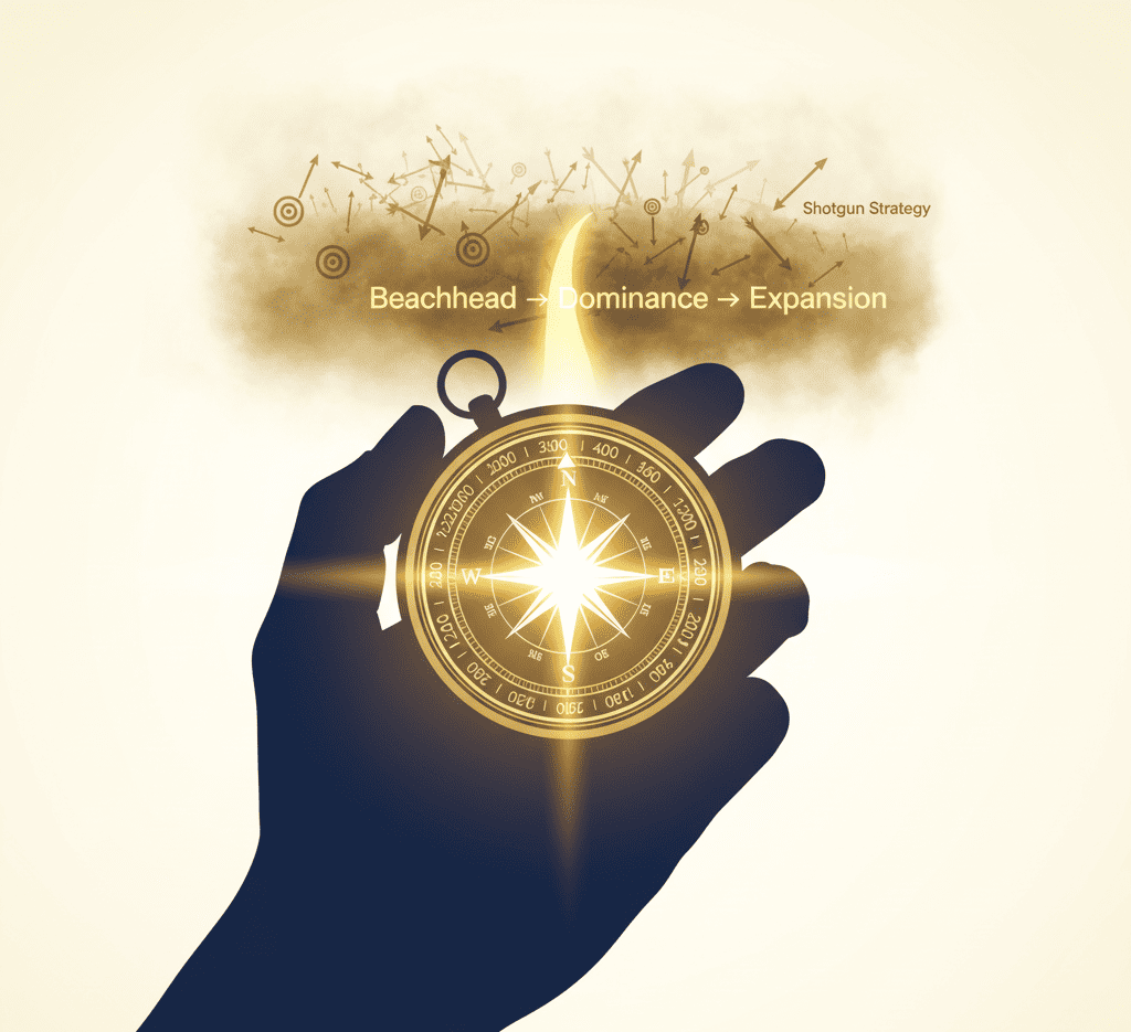 Strategic compass pointing toward a path labeled ‘Beachhead → Dominance → Expansion’ with foggy terrain labeled ‘Shotgun Strategy.