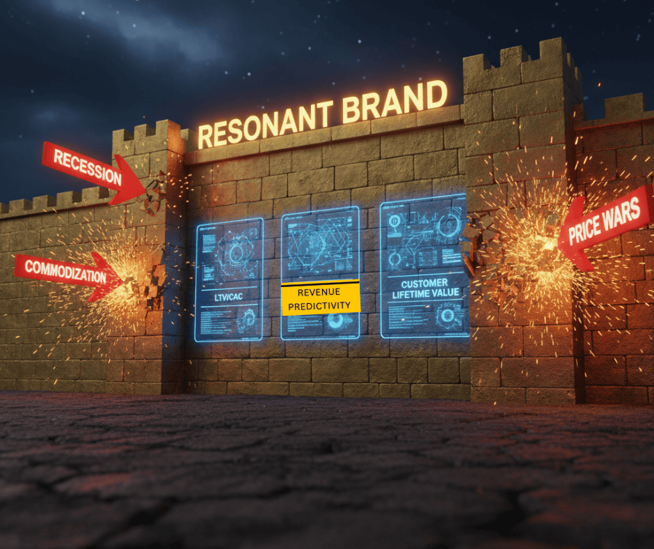 Fortress labeled ‘Resonant Brand’ shielding a balance sheet from threats like recession and commoditization.