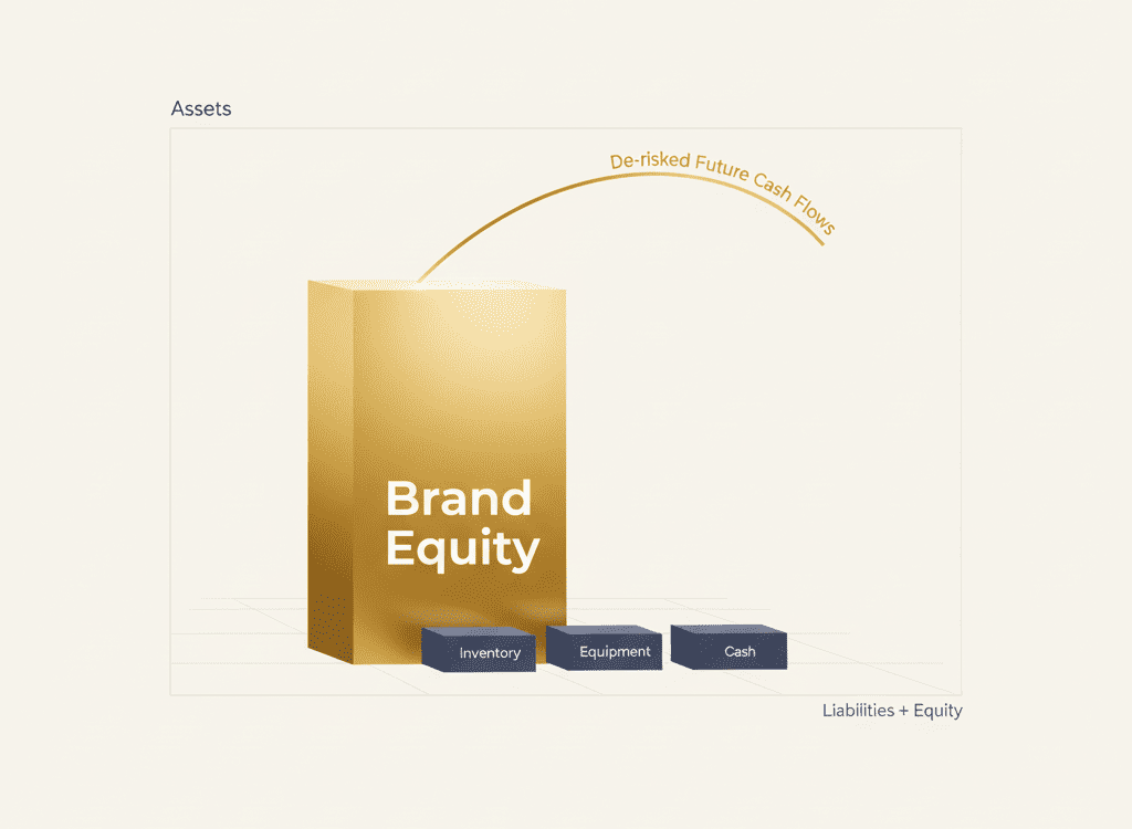 Abstract balance sheet showing ‘Brand Equity’ as a dominant intangible asset driving future cash flows.