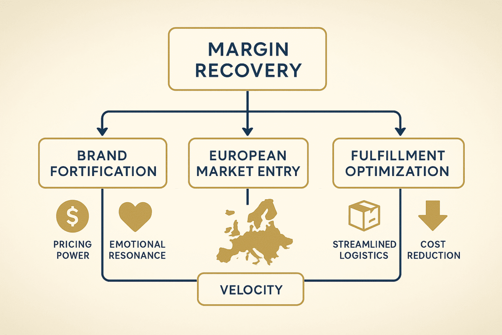 Flowchart showing margin recovery flowing into Brand Fortification, European Market Entry, and Fulfillment Optimization—each zone glowing with strategic impact.