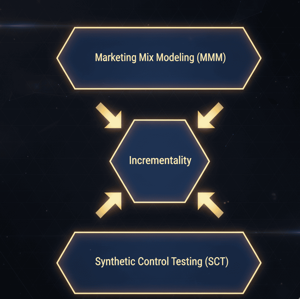 Attribution dashboard showing MMM and SCT modules triangulating toward a central metric labeled ‘Incrementality.