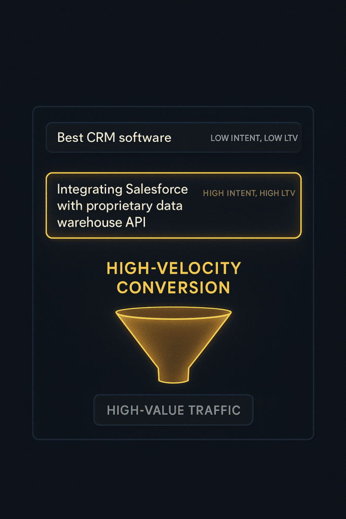 Dashboard comparing low-intent and high-intent search queries with funnel showing high-velocity conversion from high-LTV traffic.