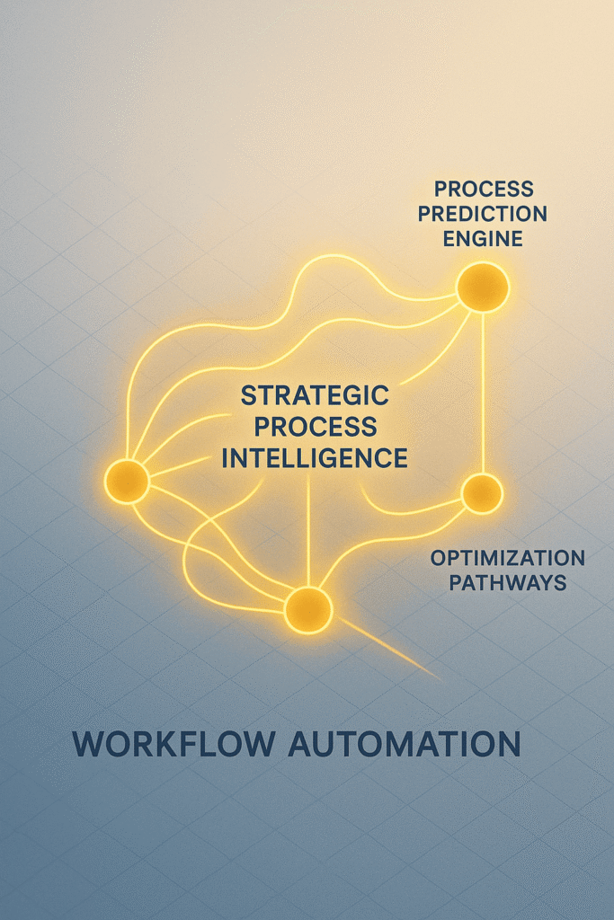 Glowing neural network labeled ‘Strategic Process Intelligence’ overlaying a faded grid labeled ‘Workflow Automation.