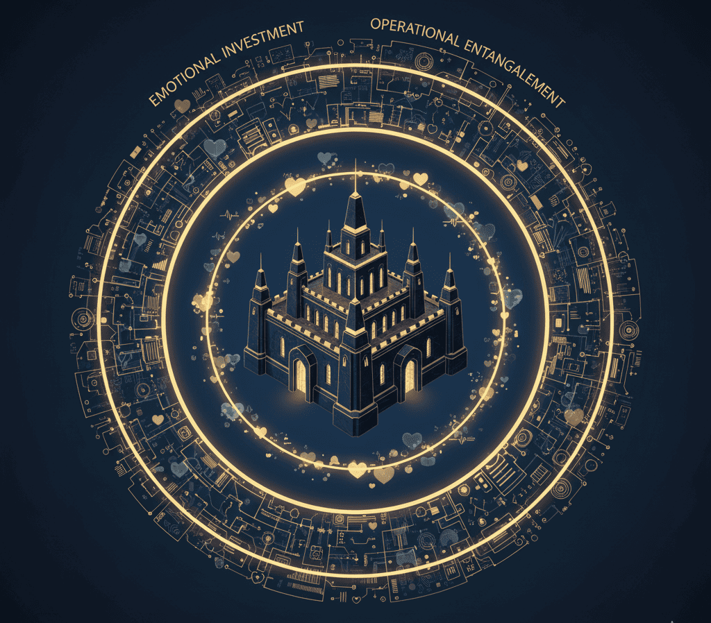 Glowing fortress surrounded by invisible rings labeled Emotional Investment and Operational Entanglement.