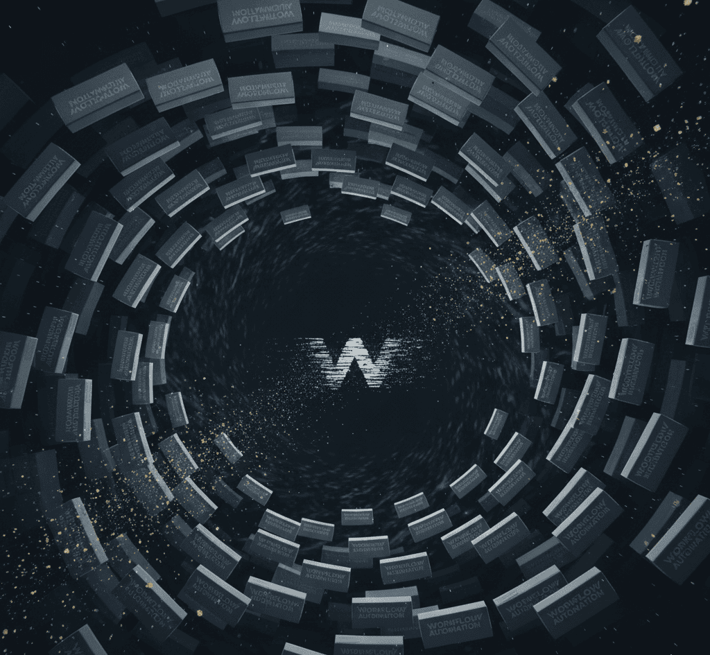 Vortex of identical ‘Workflow Automation’ boxes spiraling into a black hole labeled ‘Commoditization’ with a dissolving brand logo.