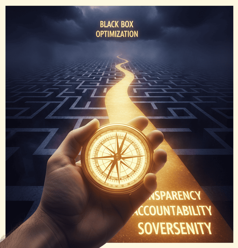 Radiant compass pointing toward a path labeled ‘Transparency,’ ‘Accountability,’ and ‘Sovereignty’ away from a maze labeled ‘Black Box Optimization.