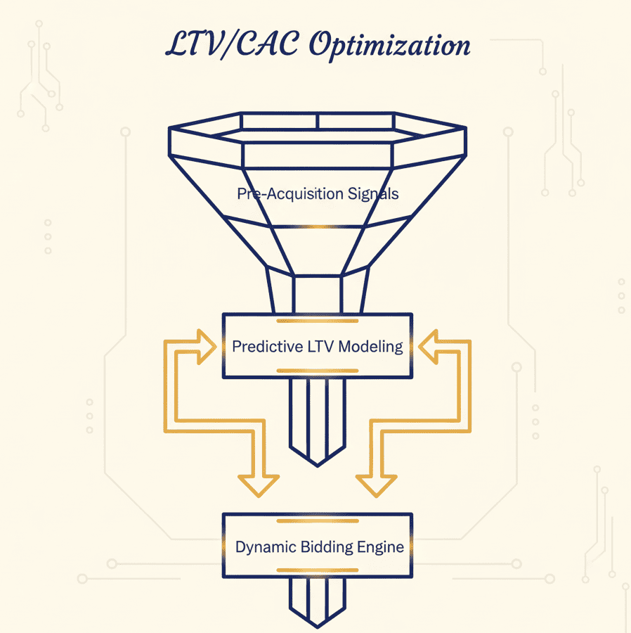 Funnel labeled ‘LTV/CAC Optimization’ with stages for pre-acquisition signals, predictive modeling, and dynamic bidding.
