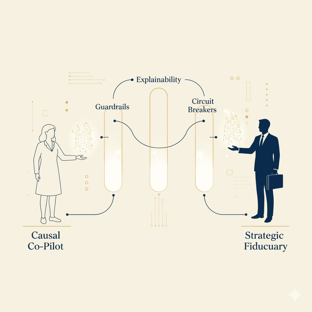 Interface showing AI labeled ‘Causal Co-Pilot’ presenting to human ‘Strategic Fiduciary’ with three glowing trust pillars.