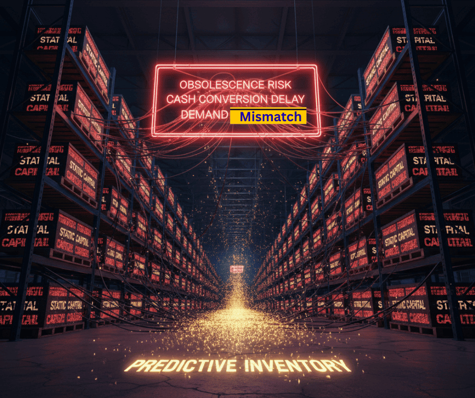 Warehouse with glowing pallets labeled ‘Static Capital’ and a friction meter showing obsolescence and demand mismatch risks