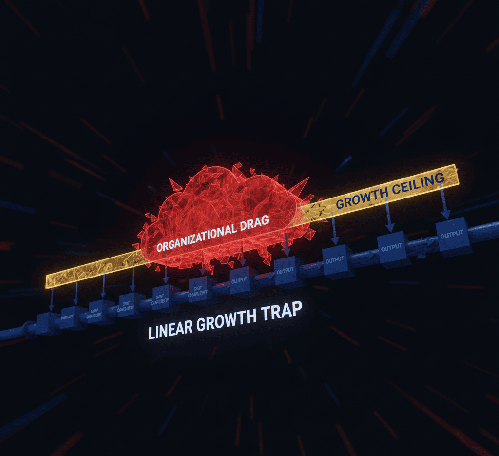 Business system diagram showing 1:1 input-output line with friction meter labeled ‘Organizational Drag.