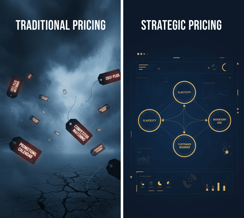Split-screen visual contrasting chaotic pricing guesswork with structured causal pricing architecture—highlighting margin erosion vs strategic control.