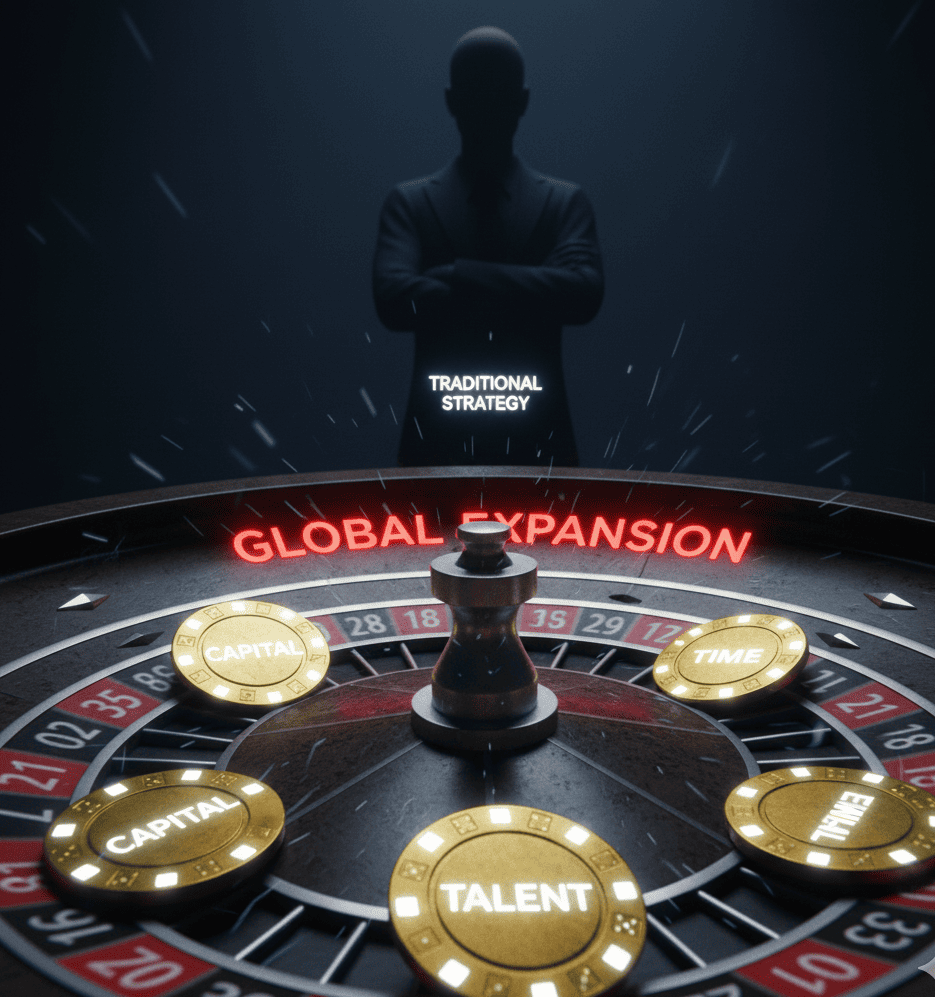 Roulette wheel labeled ‘Global Expansion’ with chips labeled ‘Capital,’ ‘Talent,’ and ‘Time’ scattered across uncertain outcomes.