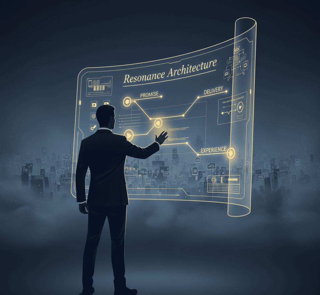 Architect studying a glowing blueprint labeled ‘Resonance Architecture’ with fading brands in the background.