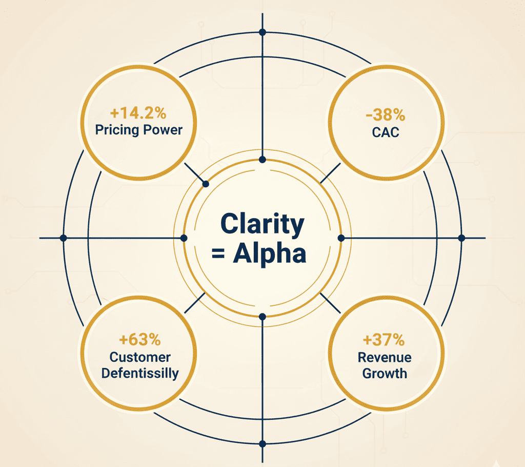 Radiant dashboard with orbiting metrics: Pricing Power, CAC Reduction, Customer Defensibility, and Revenue Growth.