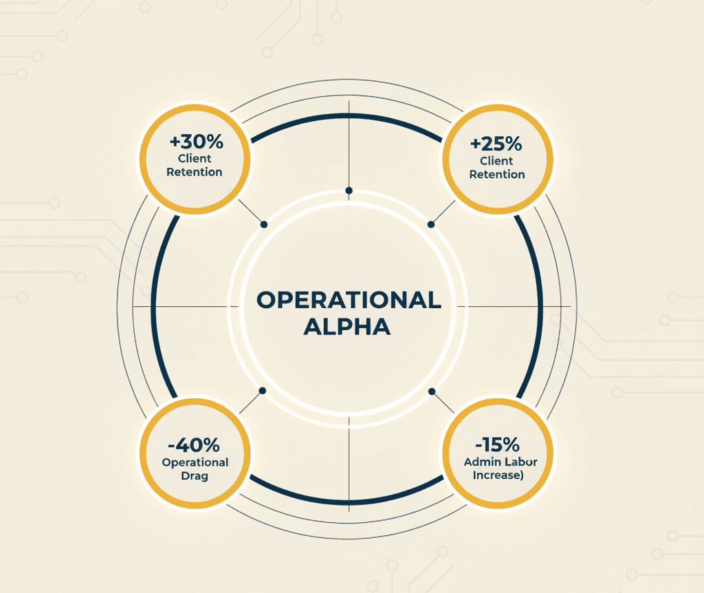 Dashboard showing metrics: 40% drag reduction, 25% retention increase, 15% labor cost savings, and 30% service volume growth.
