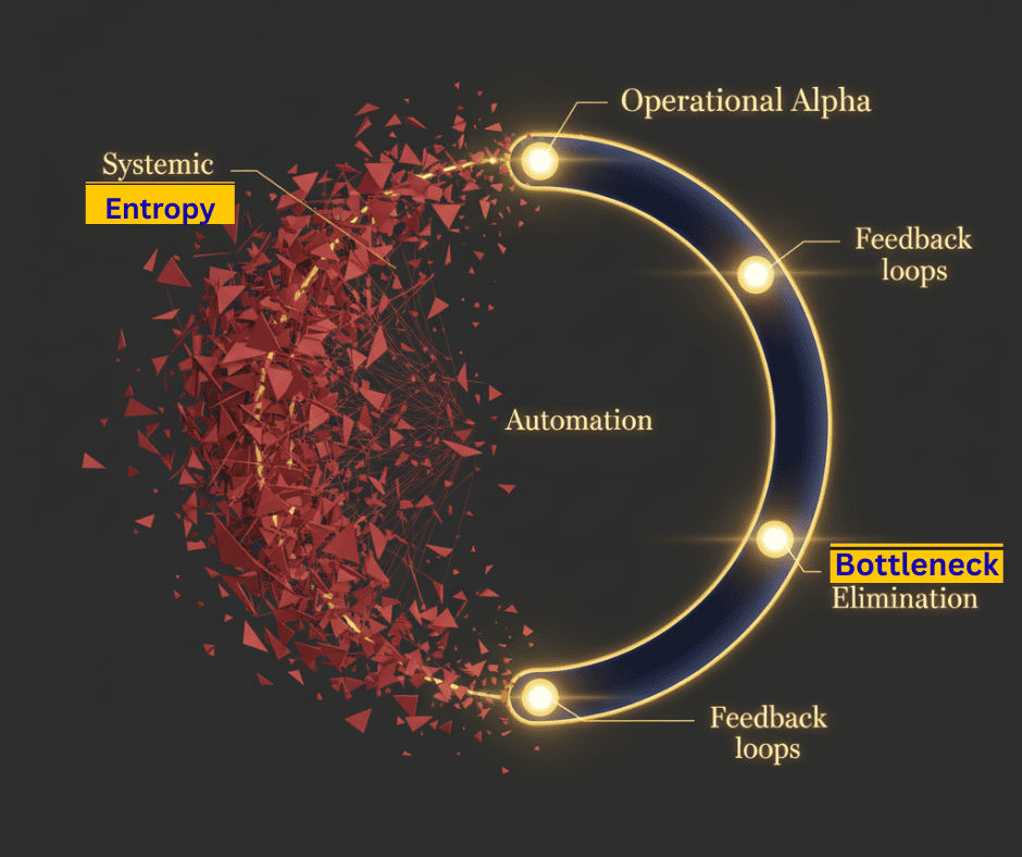 Diagram showing chaotic system labeled ‘Systemic Entropy’ transforming into streamlined loop labeled ‘Operational Alpha.