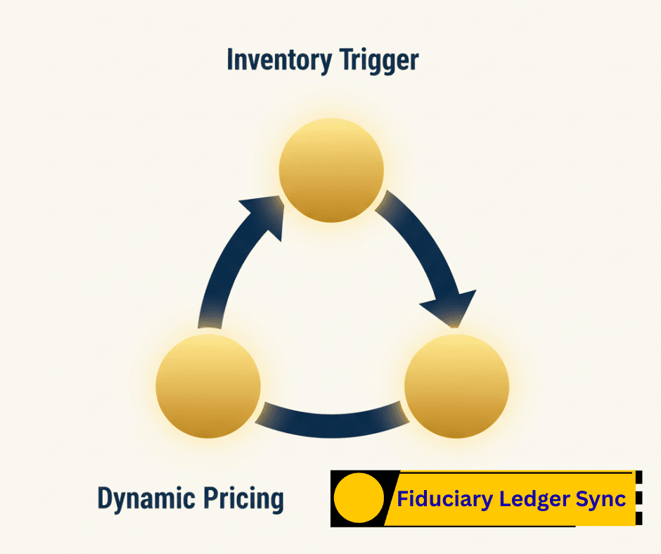 Closed-loop system showing automated nodes for inventory trigger, dynamic pricing, and ledger sync.