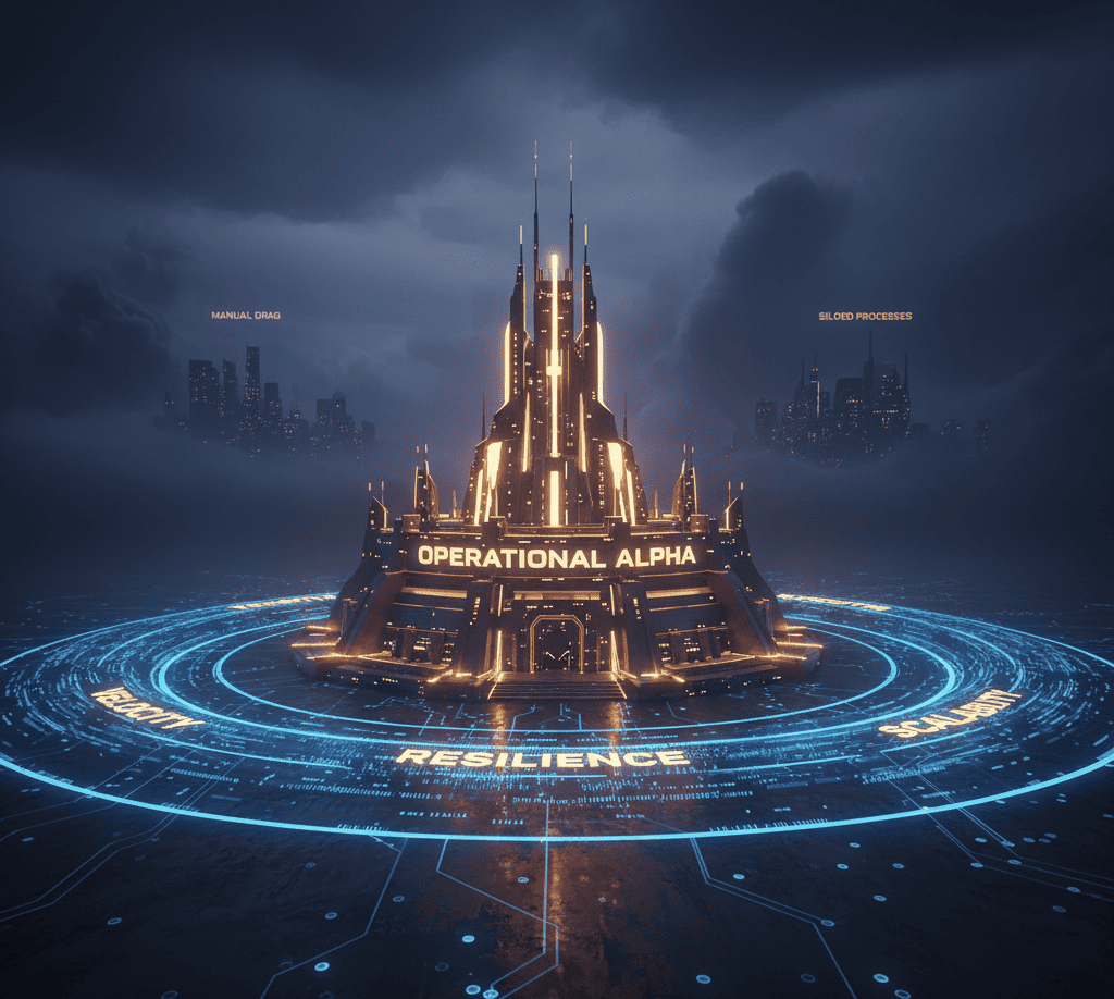 Fortress labeled ‘Operational Alpha’ surrounded by moat flows of ‘Velocity,’ ‘Resilience,’ and ‘Scalability’ with fading legacy systems.