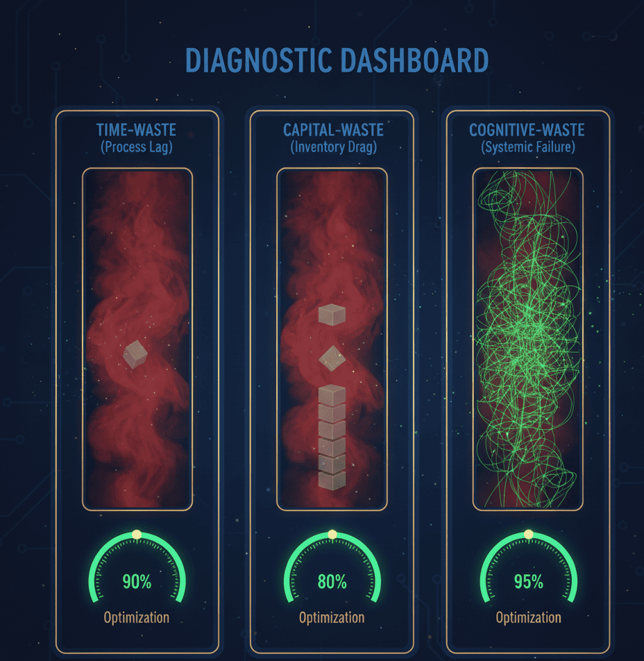 Dashboard showing Time-Waste, Capital-Waste, and Cognitive-Waste panels with entropy meters and optimization dials.