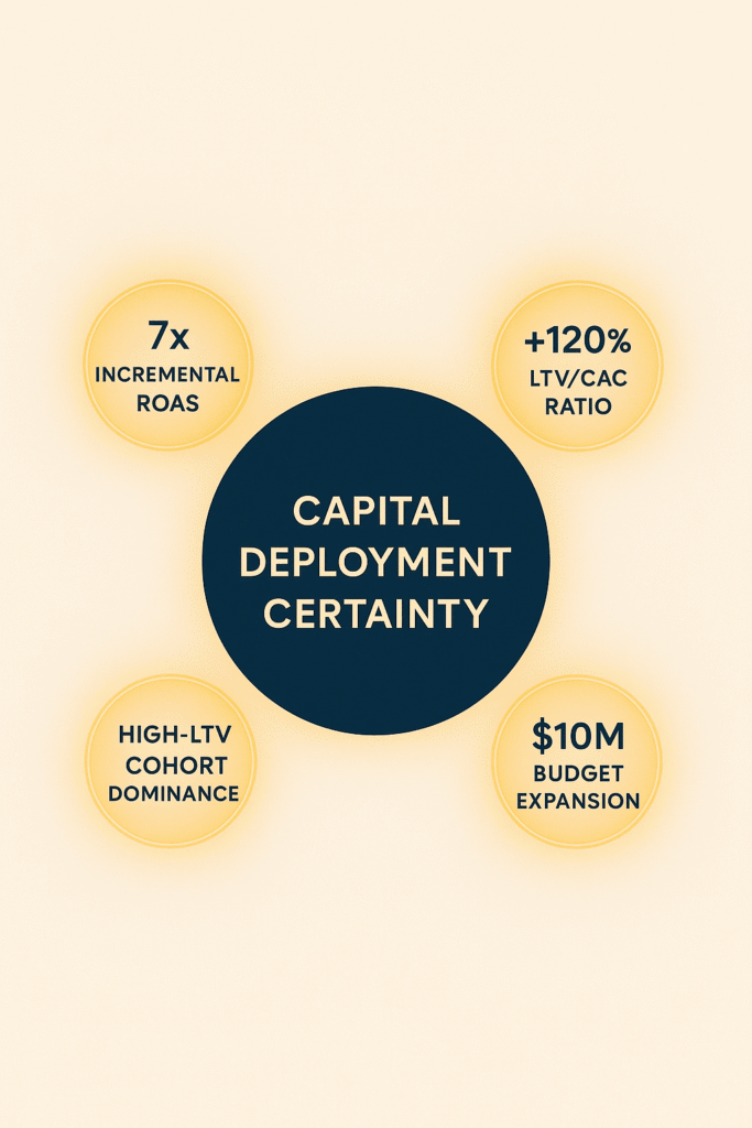 Dashboard showing metrics: 7x ROAS, 120% LTV/CAC increase, $10M budget expansion, and high-LTV cohort dominance.