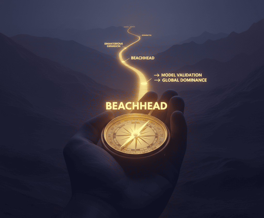 Strategic compass pointing toward a path labeled ‘Beachhead → Model Validation → Global Dominance’ with foggy terrain labeled ‘Simultaneous Expansion.